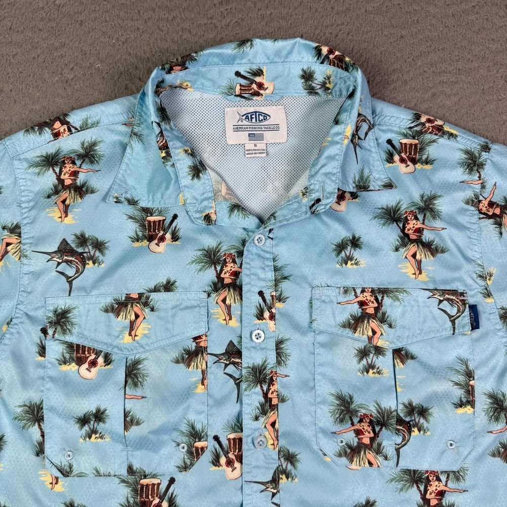 AFTCO Captains Lounge Shirt Mens S Hula Girl Marlin Fishing Hawaiian UPF 50